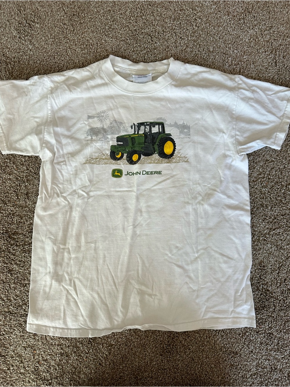 John Deere White Kids Tee with Green & Yellow Tractor Graphic